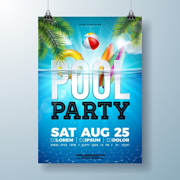 Zomer zwembad partij poster of flyer ontwerpsjabloon met palmbladeren en strandbal