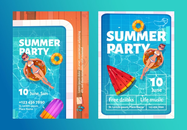 Zomerfeest cartoon folders met vrouw in zwembad op opblaasbare ring
