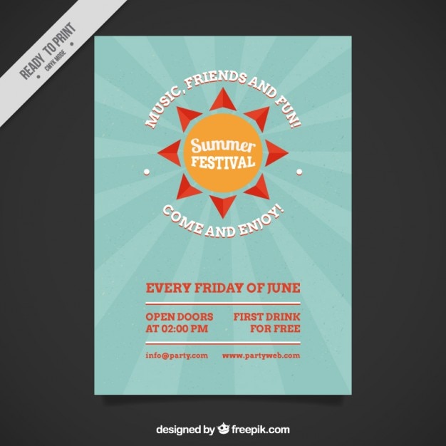 Gratis vector zomerfeest flyer met een vlakke zon