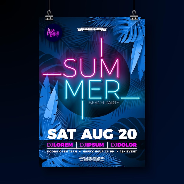 Zomerfeest Flyer-ontwerpsjabloon met gloeiende neonlichtbelettering op fluorescerende tropische bladeren