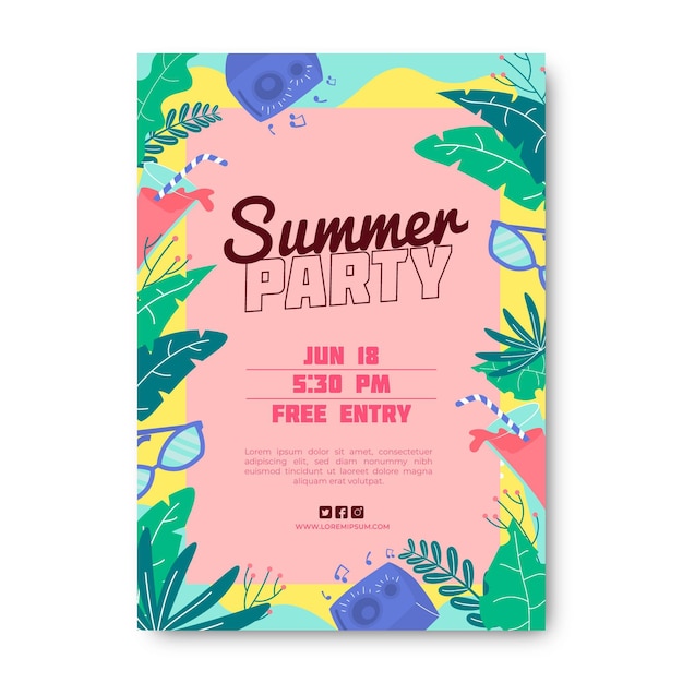 Gratis vector zomerfeest flyer sjabloon met bladeren