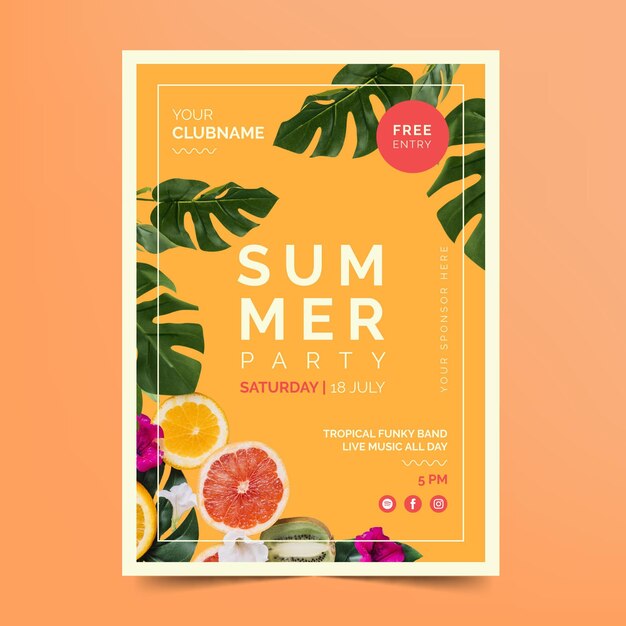 Zomerfeest flyer sjabloon met citrus en bladeren