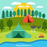 Gratis vector zomerkamp achtergrond met platte tenten