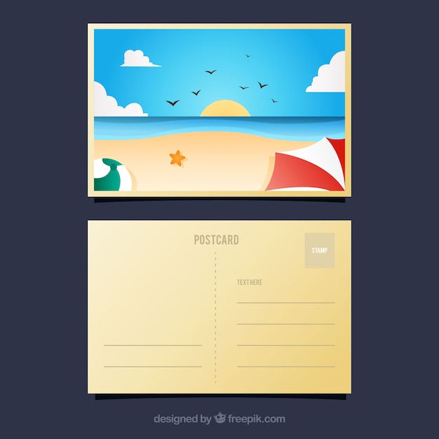 Gratis vector zomervakantie ansichtkaart met uitzicht op het strand