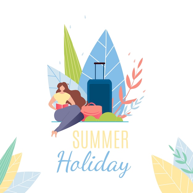 Zomervakantie tekstbanner. cartoon vrouw met bagage rust