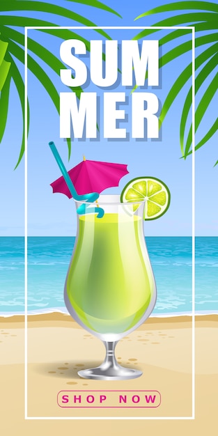 Gratis vector zomerwinkel nu belettering in frame met zee strand en cocktail.