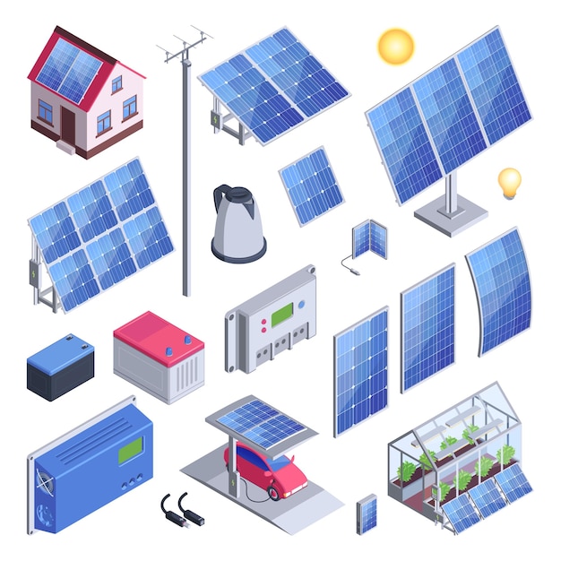 Gratis vector zonne-energie kleur set eco huis en kas met zonnepanelen teller controller elektrische auto geïsoleerde pictogrammen vector illustratie