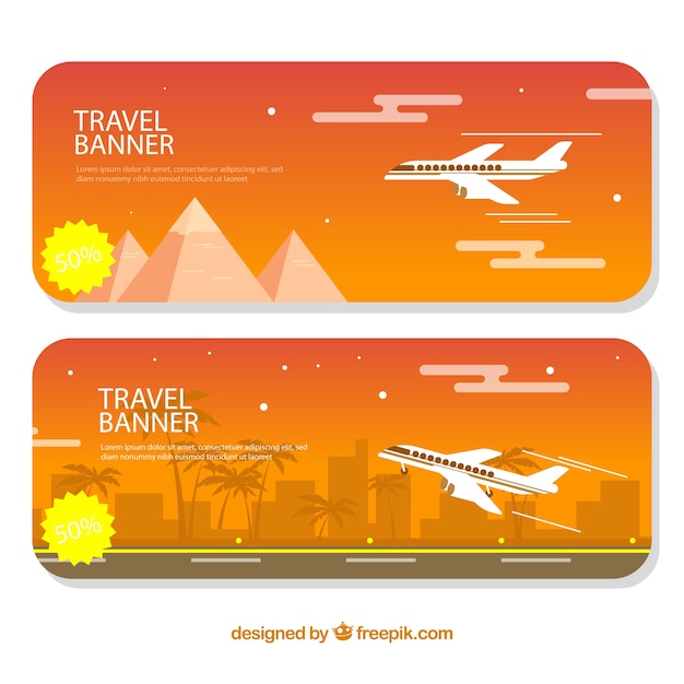 Zonsondergang banners met vliegtuig in plat ontwerp