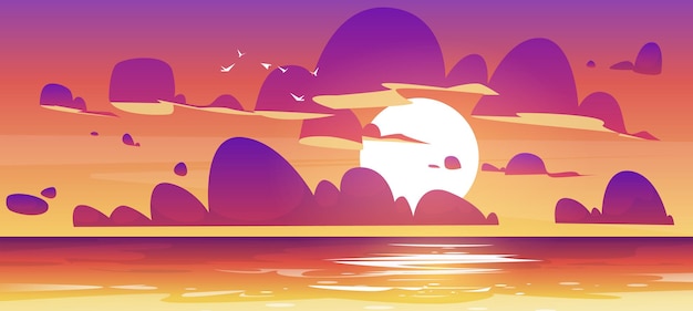 Gratis vector zonsondergang in oceaan natuur landschap achtergrond roze en paarse pluizige wolken in oranje lucht met zon shi...