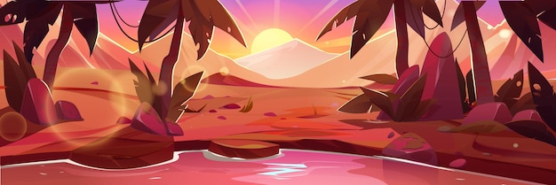 Gratis vector zonsondergang of zonsopgang in de woestijn cartoon panoramisch zandlandschap met duinheuvels en oase water in een meer of vijver palmbomen en planten in een warme droge safari vector illustratie van een roze afrikaanse landschap