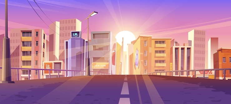 Gratis Vector zonsopgang in moderne stad, stedelijke skyline met zon die opkomt boven wolkenkrabbergebouwen, uitzicht vanaf de brug. ochtend metropool stadsgezicht met weg en huizen, stadsarchitectuur, cartoon vectorillustratie