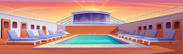 Gratis vector zonsopgang op zwembadcruisedek met zwembad