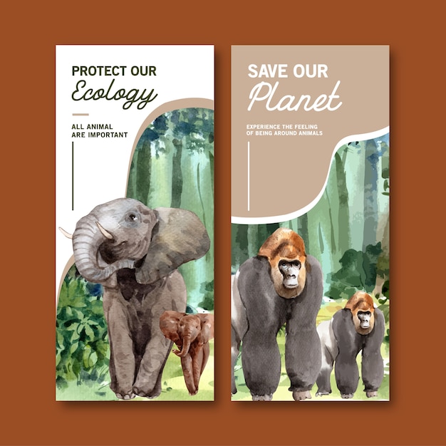 Gratis vector zoo flyer ontwerpen met olifant, gorilla aquarel illustratie.