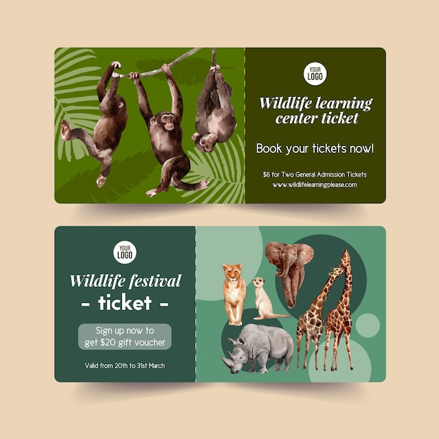 Zoo ticket ontwerp met aap, meerkat, tijger aquarel illustratie.