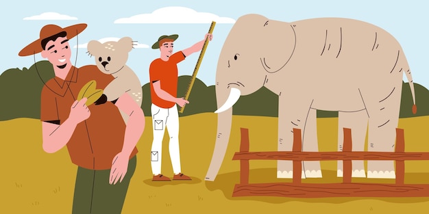 Zoöloog platte compositie met twee mannelijke wetenschapper karakters verkennen en bestuderen van olifant en kleine beer vectorillustratie