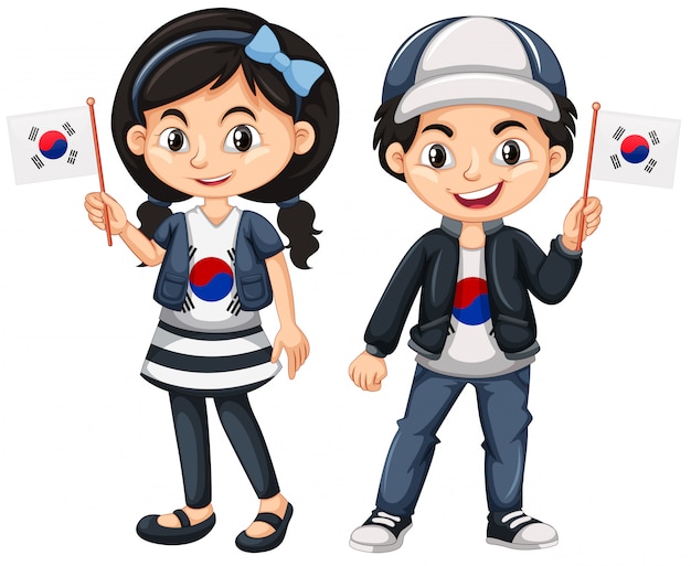 Gratis vector zuid-koreaanse jongen en meisje met vlaggen