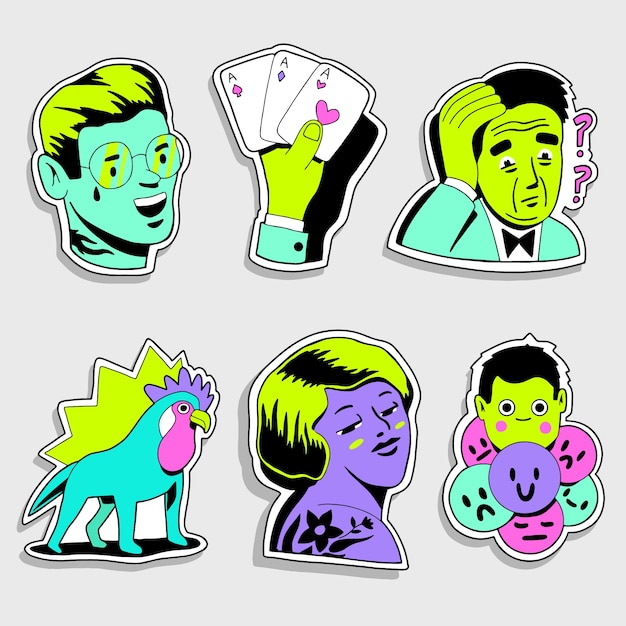 Zure kleuren handgetekende grappige sticker set