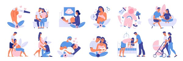Zwangere moederschap set van geïsoleerde pictogrammen afbeeldingen van baby spullen met karakters van ouders en arts vectorillustratie