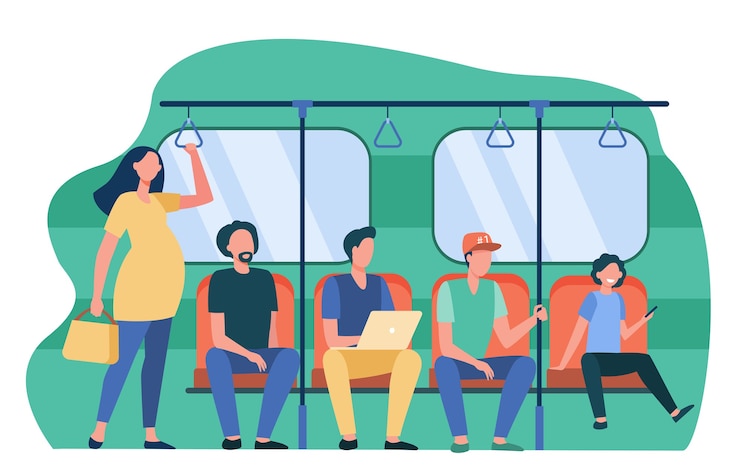 Gratis Vector zwangere vrouw die zich door onbeleefde metropassagiers bevindt. mannen zitten op stoelen platte vectorillustratie. maatschappelijke problemen, openbaar vervoer