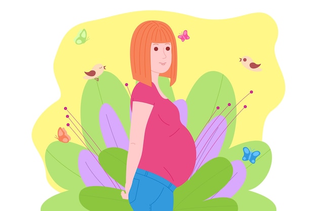 Zwangerschap, moederschap concept. zwangere en gelukkige mooie jonge vrouw houdt haar buik vast met een baby in de baarmoeder. platte cartoon vectorillustratie van een vrouw in afwachting van de geboorte van een kind.