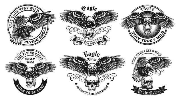 Zwart-wit etiketten met adelaar en schedelillustratiereeks