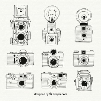 Zwart-wit handgetekende camera collectie