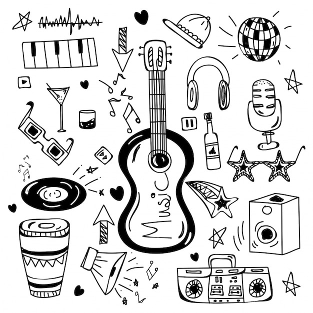 Zwart Wit Handgetekende Doodle Elementen Voor Muziek Premium Vector