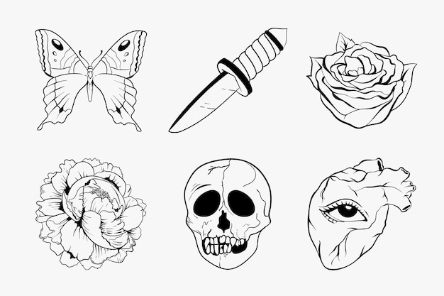 Gratis vector zwart-wit overzicht old school flash tattoo design vector collectie