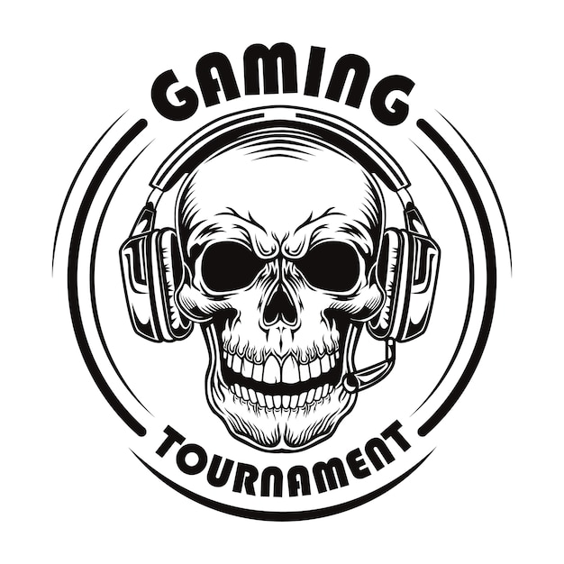 Zwart-witte schedel in hoofdtelefoons vectorillustratie. Vintage dood hoofd van professionele gamer