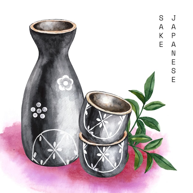 Zwarte aquarel japanse sake en eetstokjes