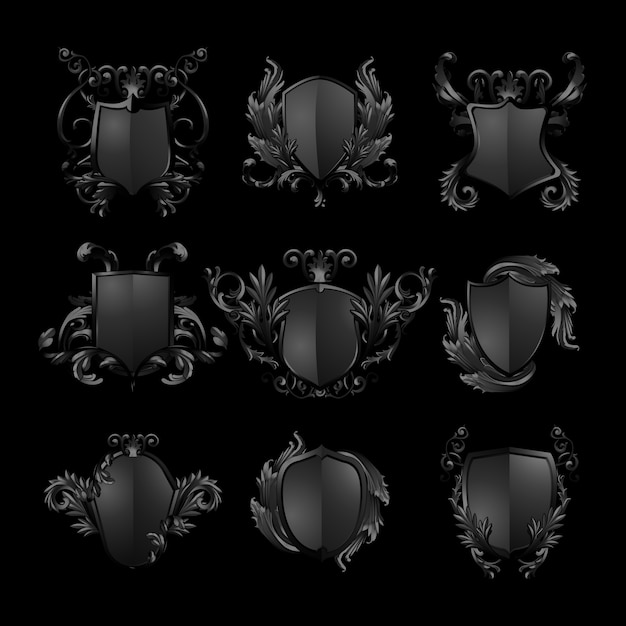 Gratis vector zwarte barokke schild elementen vector set