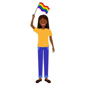 Zwarte brunette vrouw met regenboogvlag die deelneemt aan de parade van de trots.