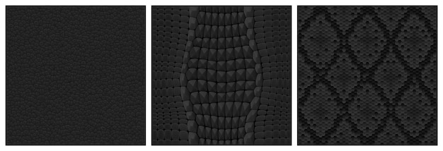 Gratis vector zwarte dierenhuid naadloze texturen voor gametextiel of behang realistische 3d-vector herhaalde patronen van slangkrokodil en en leer stofachtergronden van natuurlijke of kunstmatige reptielenhuiden
