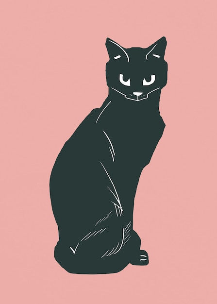 Zwarte kat dier vintage linosnede tekening