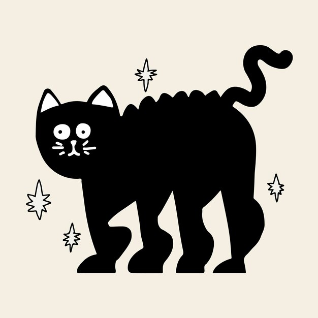 Zwarte kat halloween sticker vector, hand getrokken doodle