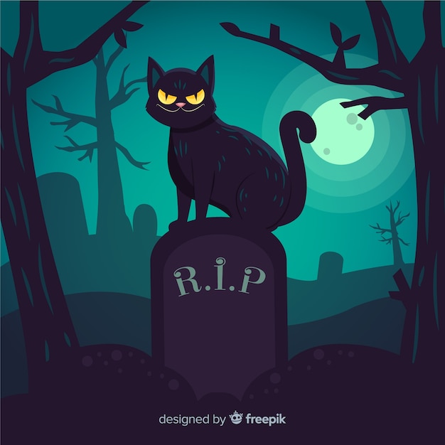 Zwarte kat op een getrokken grafsteenhand