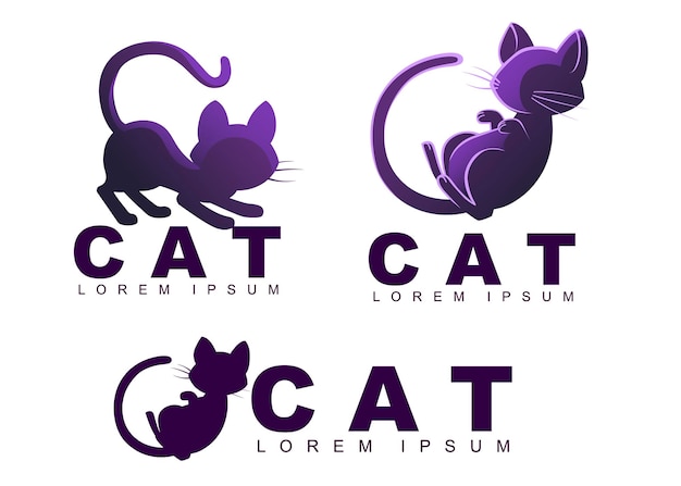 Zwarte kat silhouet logo set met titel platte vectorillustratie geïsoleerd op een witte achtergrond creatieve logo ontwerp voor website.