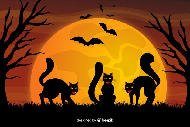 Zwarte katten en volle maan Halloween-achtergrond