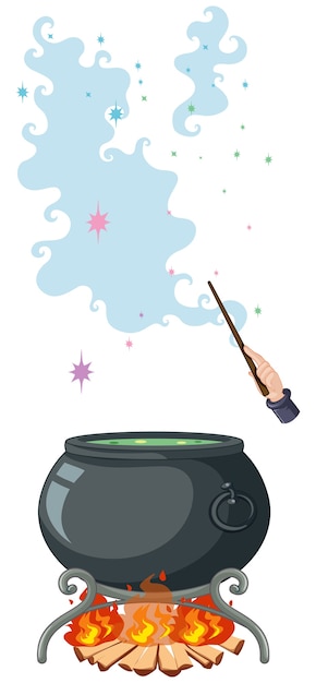 Gratis vector zwarte magische pot en toverstaf cartoon stijl geïsoleerd op een witte achtergrond