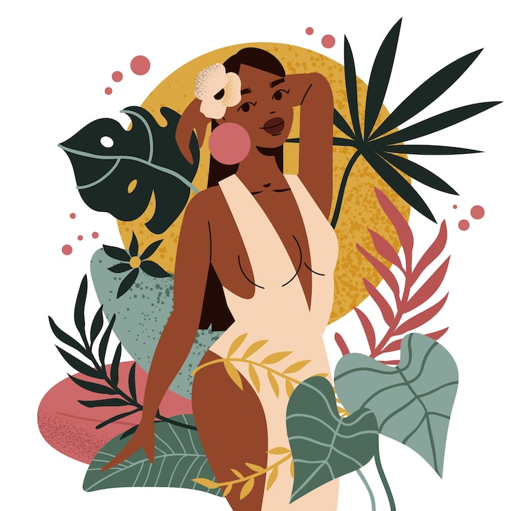 Gratis Vector zwarte meisjesvrouw gekleurde samenstellingskunst met een mooi meisje op achtergrond van gekleurde bladeren en bloemen vectorillustratie