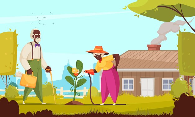 Zwarte oude man met werkmap en vrouw die bloemen in de tuin op het platteland water geeft op stadsgezicht achtergrond cartoon vectorillustratie