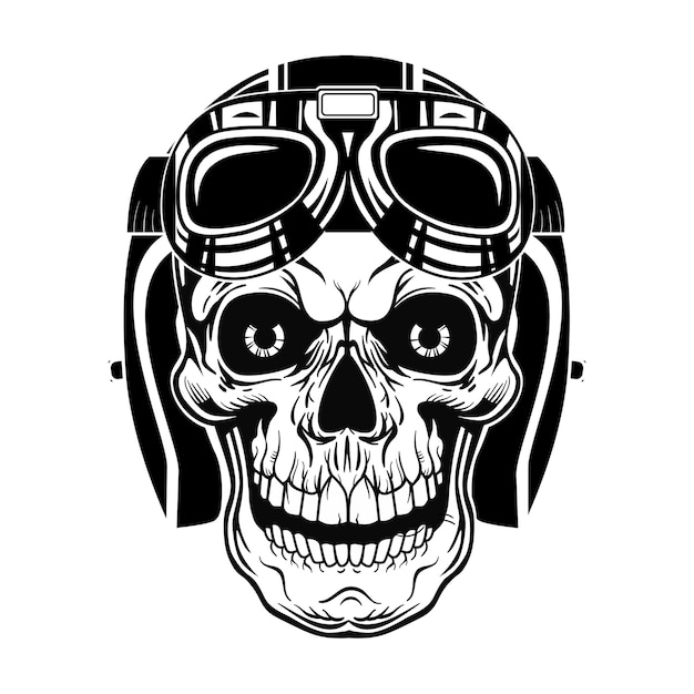 Zwarte schedel van piloot vectorillustratie. Vintage dood hoofd in beschermende helm met googles
