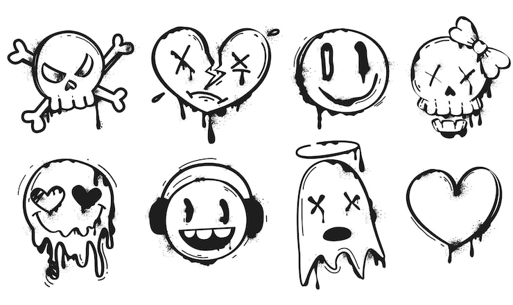 Gratis Vector zwarte spuitverf graffiti emoji van lachend gezicht hart schedel en geest street art set inktdruppel splatter gezicht emoticon karakters in de hand tekenen stijl geschilderde stedelijke elementen op witte achtergrond