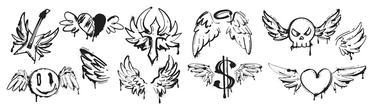 Gratis Vector zwarte spuitverf graffiti vleugels met druppels en spetteringen