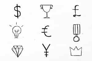 Gratis vector zwarte valuta symbolen pictogrammen doodle set