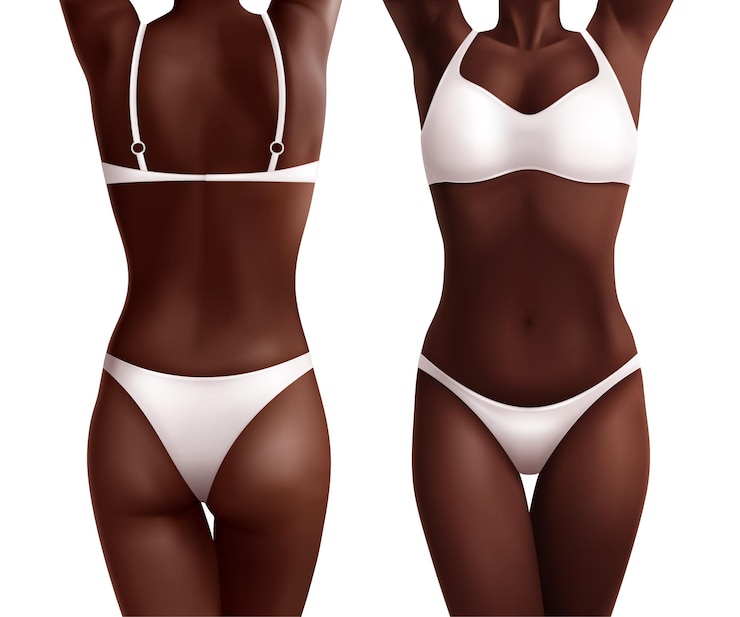 Gratis Vector zwarte vrouwelijke vrouw lichaam set met twee realistische weergaven van afro-amerikaanse meisje voor- en achterzijde vectorillustratie