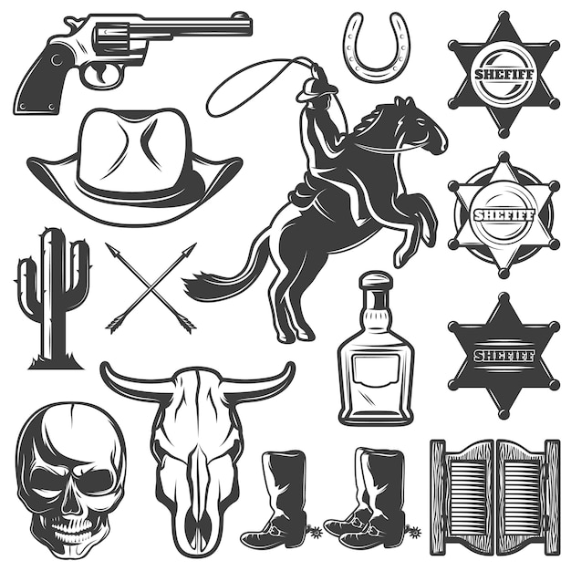 Zwarte wilde westen geïsoleerde icon set met cowboy en sheriff attributen en hoofdrolspeler