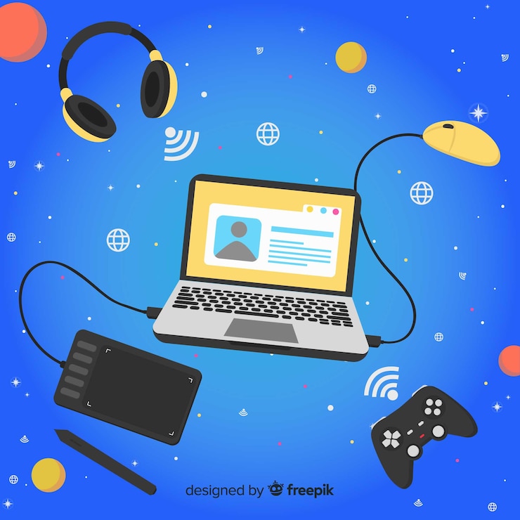Gratis Vector zwevende laptop omringd door elementen